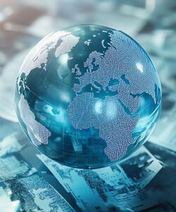 Globe with papers behind it