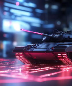 A tank against an abstract image of data